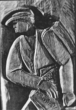 Jokūbo Dagio skulptūra "Su knygomis iš Prūsų". Autorius - išeivis iš Biržų, gimęs 1904. Jo kūriniai - Biržų muziejuje